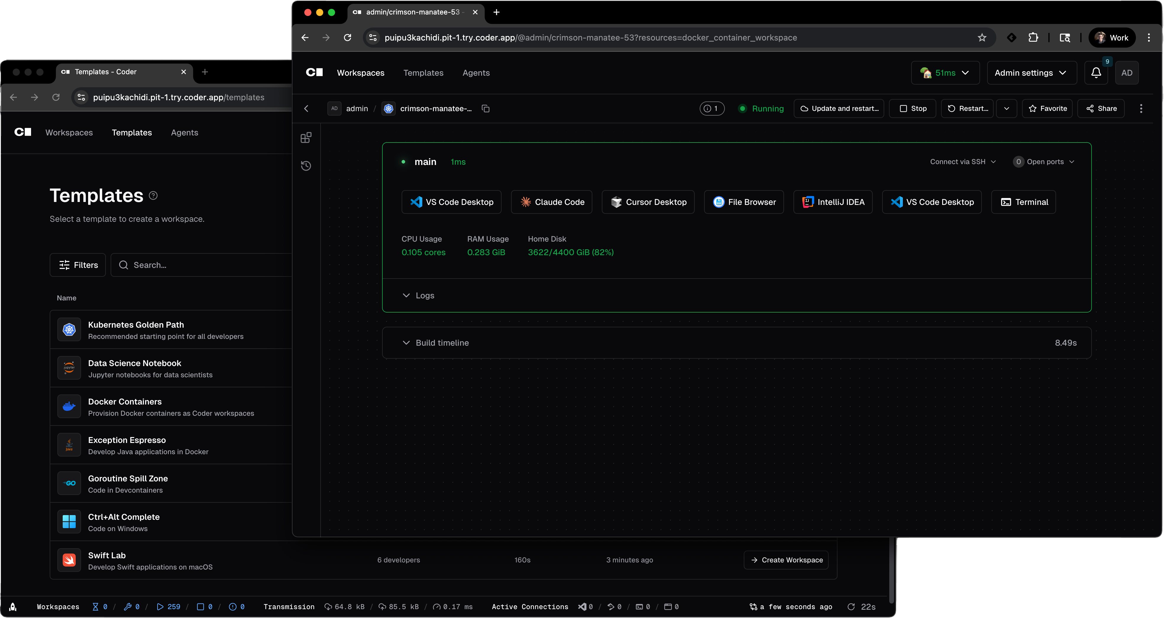 Coder platform showing templates and a running workspace