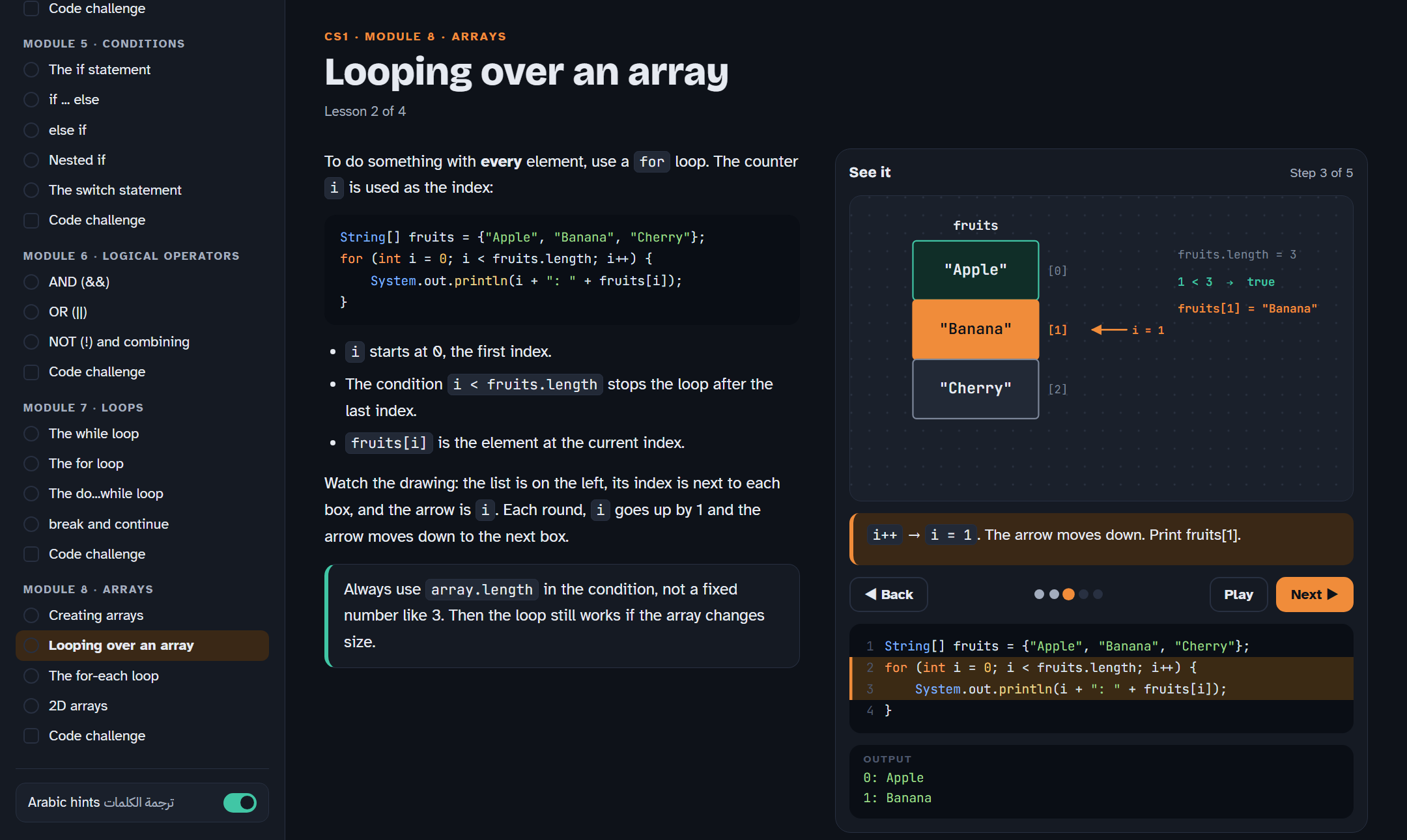 A CS1 lesson: the array is a list, the index is next to each box, and the arrow moves down as i goes up