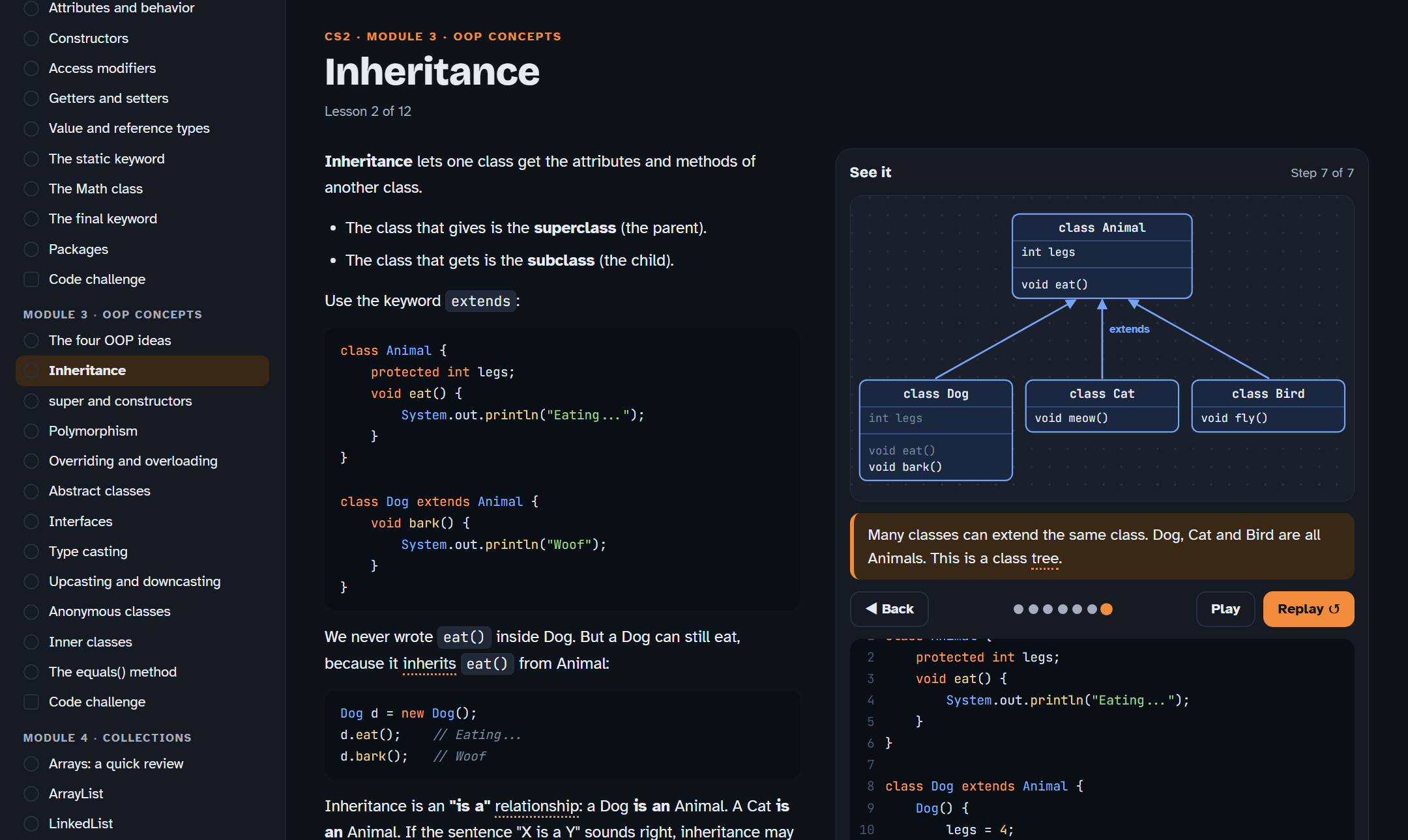 A CS2 lesson: a class tree where Dog, Cat and Bird extend Animal
