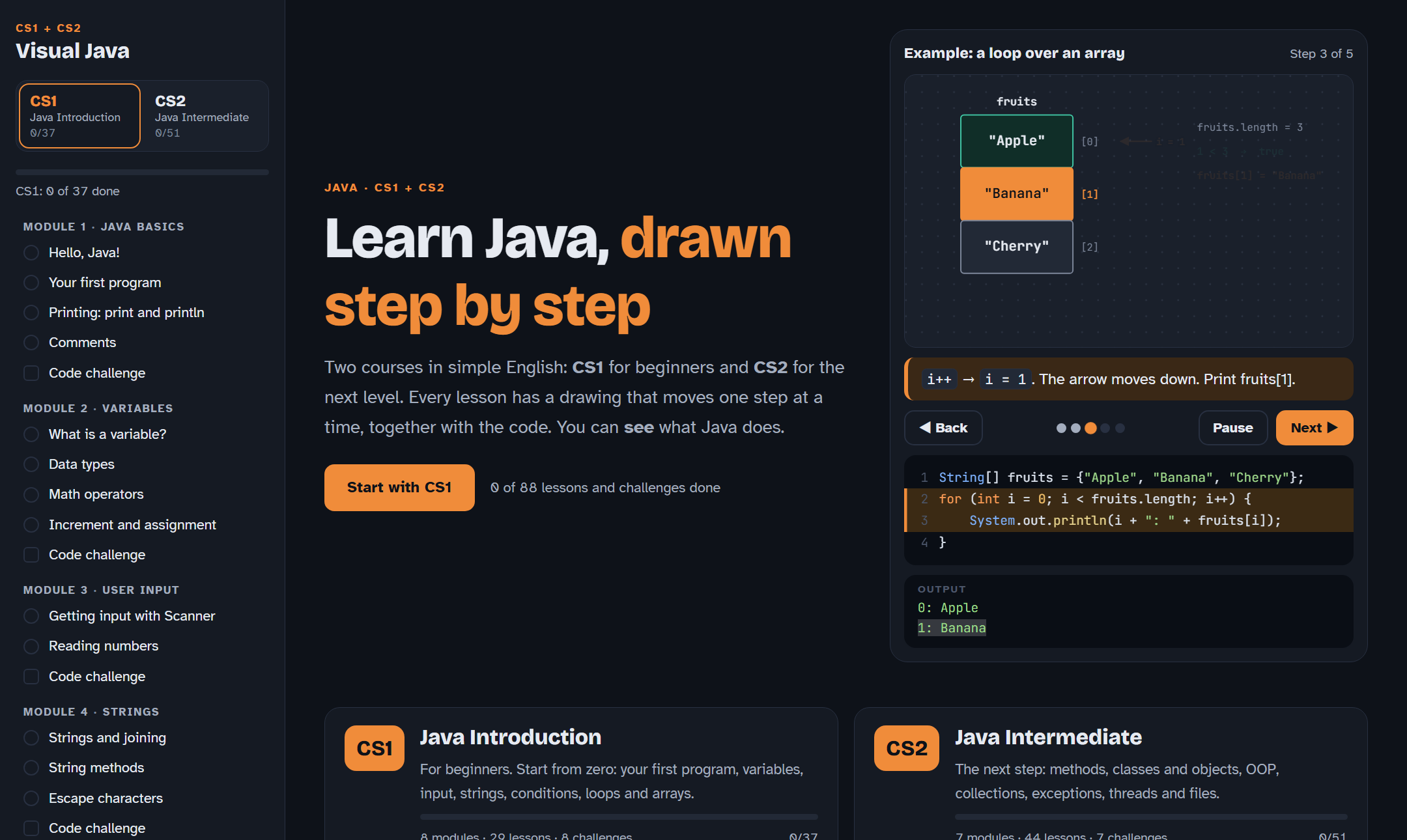 The home page: the CS1 and CS2 tabs on the left, and an example drawing on the right