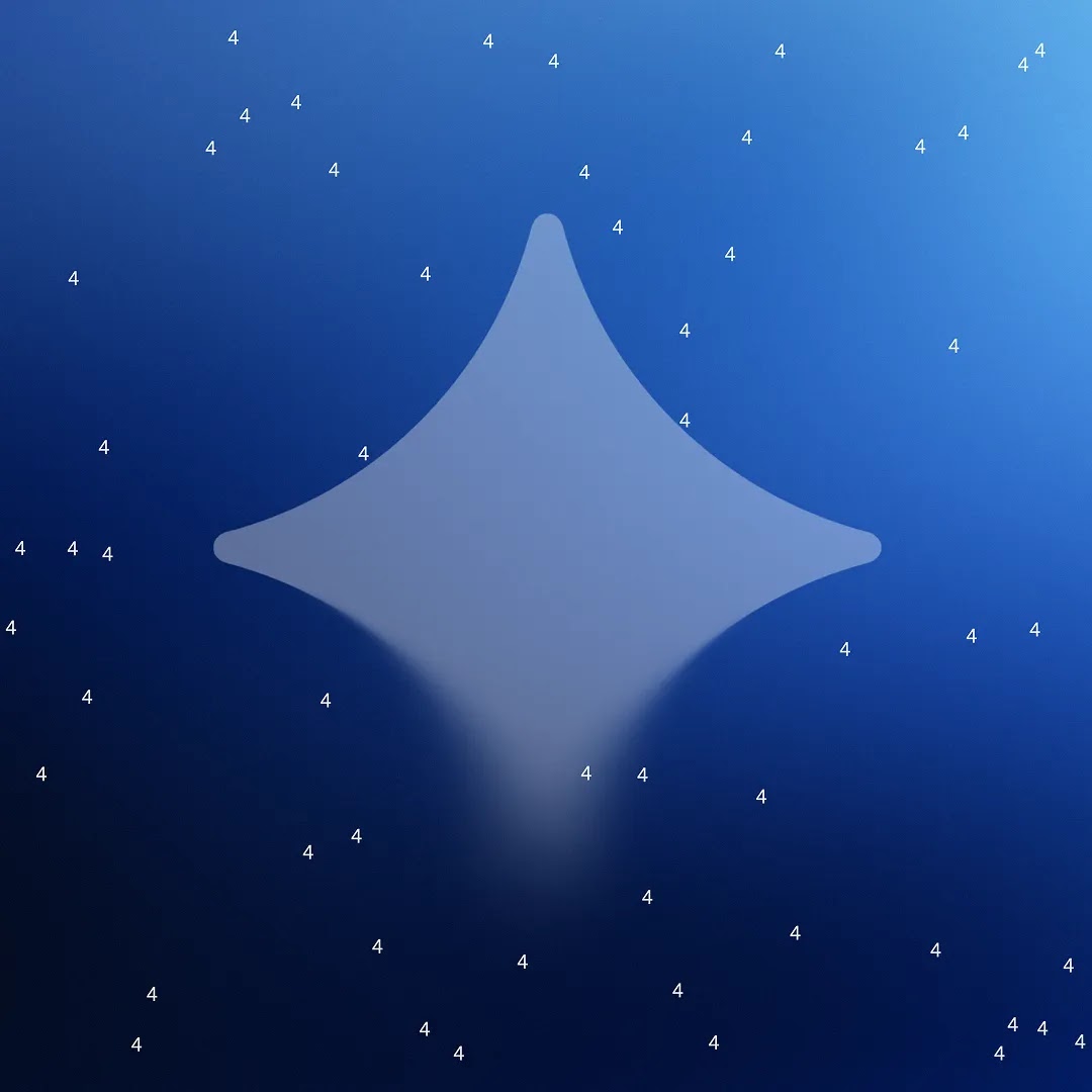 A translucent four-pointed star on a blue gradient background, surrounded by small white number 4s scattered like stars.