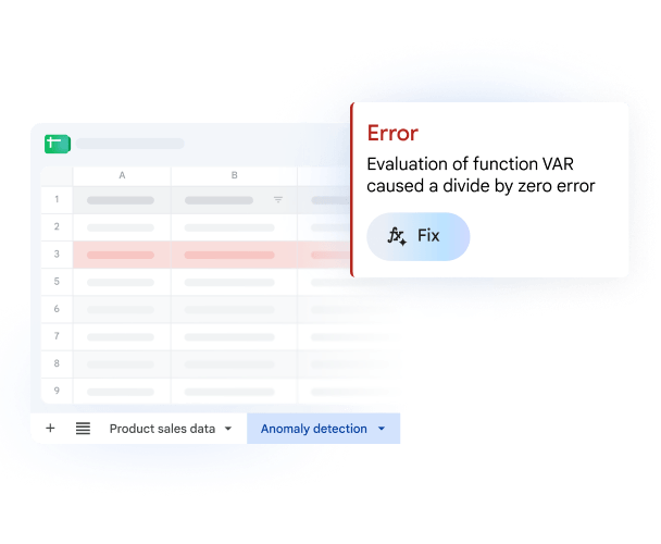 Google Sheets error pop-up offering an automated fix for a formula error.