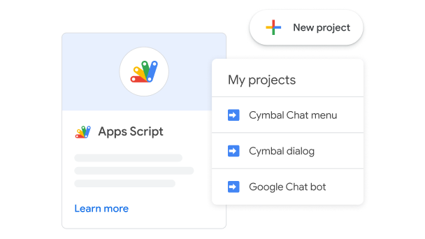 Apps Script interface showing “New project”, and a list of 3 projects under “My projects”.