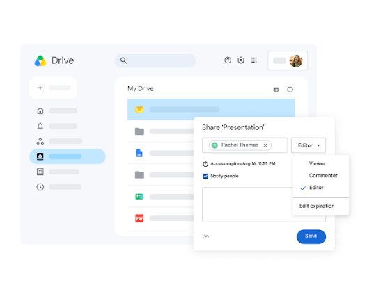 Sharing a file from Drive and changing access to editor with an expiration date
