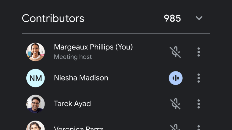 A list of meeting contributors in Google Meet showing their mute and unmute statuses.