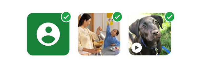 Selected profile, photo, and video items with checkmarks.