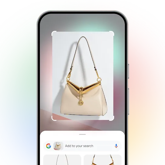 A taupe bag is used as an example to show how Circle to Search works.