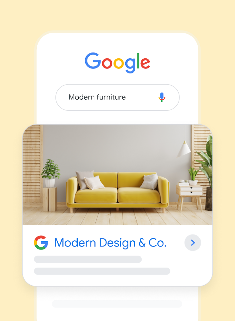 A search query for modern furniture results in a furniture store ad with a yellow sofa.