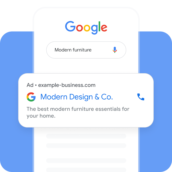 A Google Search ad for a furniture company on a phone.